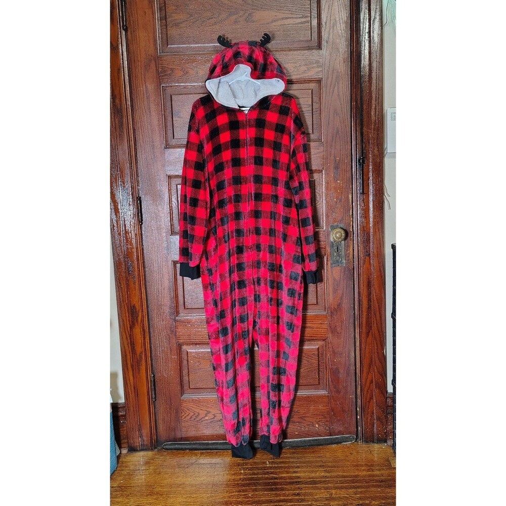 Buffalo Plaid Christmas Reindeer Hooded One Piece Pajama Men's Sz XL